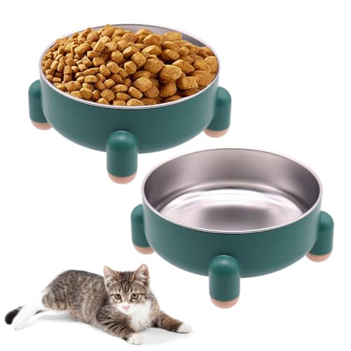 Elevated Cat Bowls 2-Pack for Anti-Vomiting & Whisker Relief - Stainless Steel Raised Food and Water Set, 3 Cups (24 oz) Each, Non-Slip, Dishwasher Safe for Indoor Cats (Green) - size: 2 Pcs