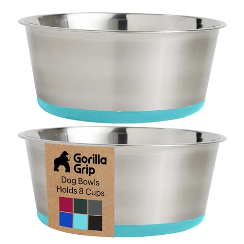 GORILLA GRIP Dog Bowls, Food Grade 304 Stainless Steel Holds 8 Cups Each (64 fl oz) Food and Water Bowl for Feeding Dogs and Cats Dishwasher Safe Rust Resistant BPA Free Rubber Base Set of 2 Turquoise - color: Turquoise, size: 8 Cup (64 Oz)