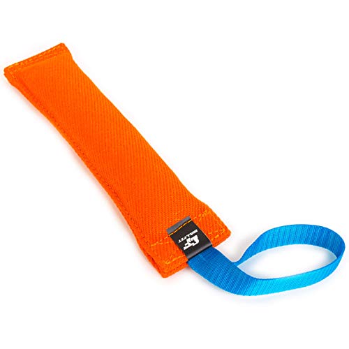 Bull Fit K9 Dog Bite Tug Toy with Strong Handle - Made of Durable & Tear-Resistant French Linen - Perfect for Tug of War, Fetch & Puppy Training - Ideal for Medium to Large Breeds - color: Orange Bite Tug with Blue Handle
