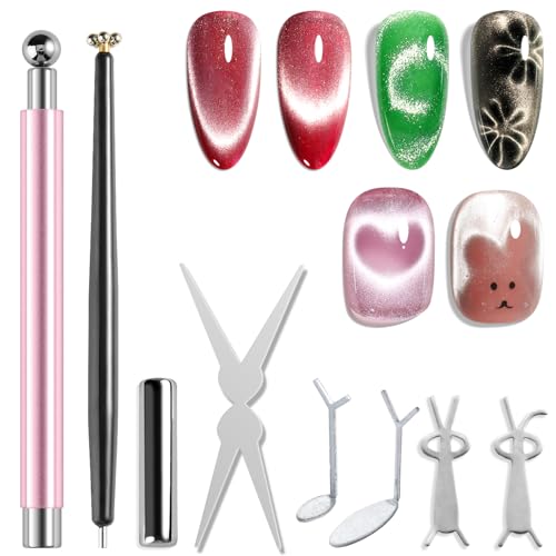 Fcozpjk Cat Eye Magnet for Nails, 8PCS Magnet Tool Set Pink Double-Head Nail Magnetic Pen for Glassy Cateye Gel Polish Heart Rabbit Flowers French Tips Stick Home Manicure DIY Nail Tech Must Have - color: B