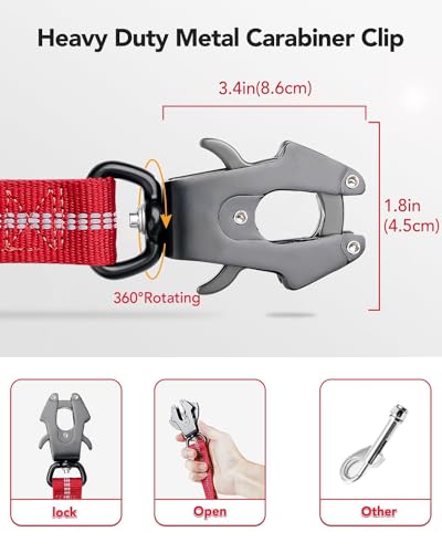 Joytale Tactical Dog Leash Heavy Duty, 4-6FT Shock Absorbing Bungee Lead with 2 Padded Handle, Metal Carabiner Clip, Car Seatbelt, Strong No Pull Leash for Medium Large X-Large Dogs, Red - color: Red