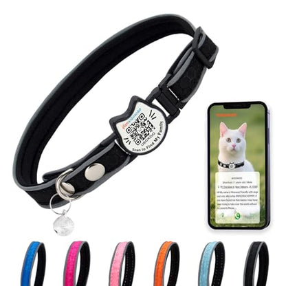 Cat Collar with Bells Reflective Cat Collars Breakaway with Oxford Cloth Soft Padding Adjustable Kitten Collar with QR Code（Black） - color: Black