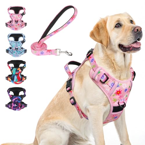 BEAUTYZOO No Pull Dog Harness and Leash Set with 2 Metal Leash Clips - Overhead-Free 3 Snap Buckles Design, Adjustable No-Choke Soft Padded Reflective Oxford Pet Vest for Small Medium Large Dogs, L - color: Pink Flower, size: L: chest 22"-33"
