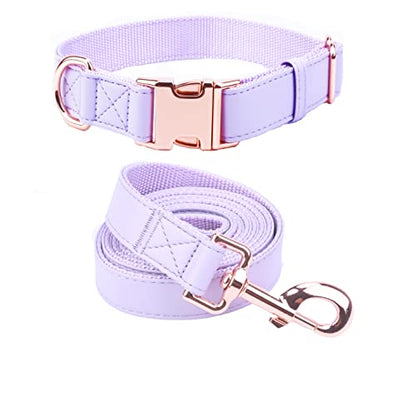 Dog Collar and Leash Set.Soft and Easy to Clean Vegan Leather with Rose Gold Metal Buckle for Small Medium Large Dogs (Light Purple, M(13.8"-19.7")) - color: Light Purple, size: M