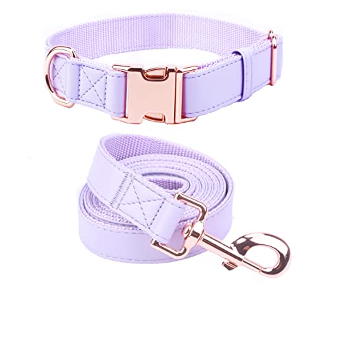 Dog Collar and Leash Set.Soft and Easy to Clean Vegan Leather with Rose Gold Metal Buckle for Small Medium Large Dogs (Light Purple, M(13.8"-19.7")) - color: Light Purple, size: M