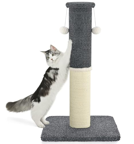 Made4Pets Tall Cat Scratching Post, Heavy Duty and Thicker Scratching Posts for Indoor Cats Adults, 33" Natural Sisal Cat Scratcher with Hanging Balls, Sturdy Base Cat Scratch Post, Dark Grey - color: Dark Gray, size: 33"H