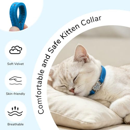 BINGPET Diamond Cat Collar,Adjustable Soft Velvet Leather Safe Kitten Collar with Crystal Heart Charm and Bells,Girl Boy Bling Stylish Cat Collars with Safety Elastic (Blue, Neck Girth 8"-10") - color: Blue(Heart), size: Neck Girth 8"-10"