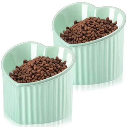 Mumufy 2 Pcs Ceramic Elevated Cat Bowls Tilted Elevated Raised Pet Bowls Anti Vomit Cat Dish for Indoor Stress Free Water Dish Feeder for Puppies, Heart Shaped(Grass Green) - color: Grass Green