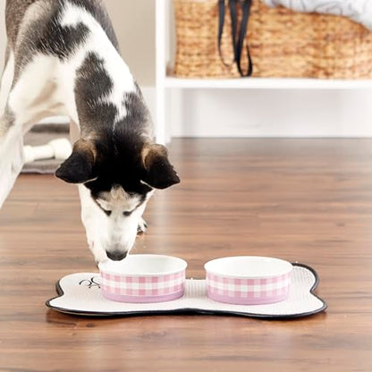 Bone Dry Ceramic Food Bowls, Non-Slip & Dishwasher Safe, Medium Set, 6x2 Pansy Check - color: Pansy Petite Check, size: Medium Set, 6x2"
