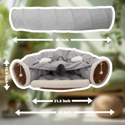 VelvetPaw Gray 2-in-1 Collapsible Rabbit Tunnel Bed | Removable Washable Pet Cushion | Cozy Hideout & Play Toy for Rabbits, Bunnies & Kittens - Indoor Rest, Exercise & Entertainment - color: Gray