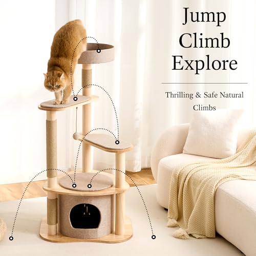 797Audio Modern Wood Cat Tree Tower, 46" Aesthetic Cat Tree with Natural Pine Wood Scratching Posts and Condo for Adult Cats, Solid Rubber Wooden & Linen Cat Tree,Multi-Level Tree for Indoor Cat - color: 46 Inch
