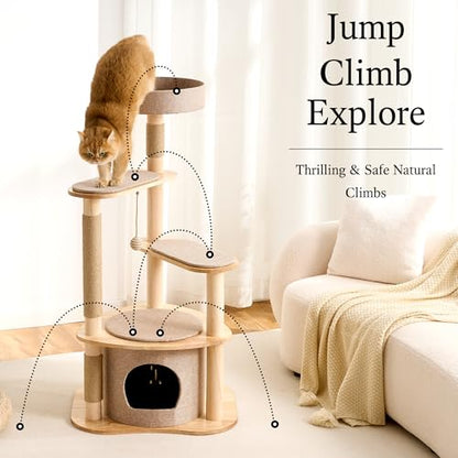 797Audio Modern Wood Cat Tree Tower, 46" Aesthetic Cat Tree with Natural Pine Wood Scratching Posts and Condo for Adult Cats, Solid Rubber Wooden & Linen Cat Tree,Multi-Level Tree for Indoor Cat - color: 46 Inch