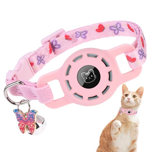 BINGPET AirTag Cat Collar with Bells, Upgraded Safety Elastic Cat Collar with Airtag Cat Collar Holder, Anti-Lost Cat Collars for Girl Boy Cats, Anti-Suffocation Kitty Puppy Collars - color: Butterfly