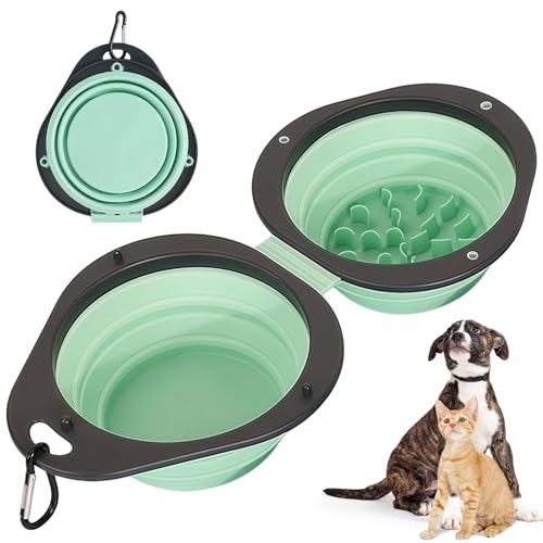Green Collapsible Dog Bowls with Carabiner 2-in-1 Foldable Slow Food Bowl(130g)&Water Bowl(320ml) for Dogs and Cats Travel - color: Green