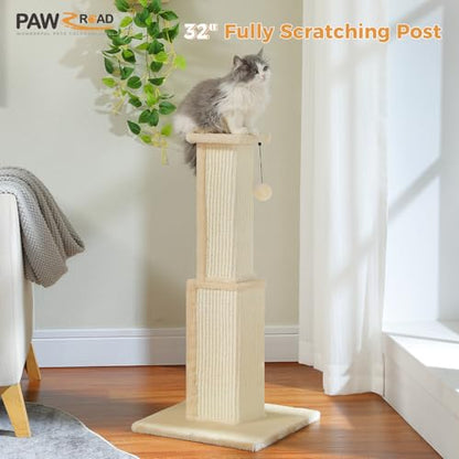 PAWZ Road Large Cat Scratching Post 32” Tall Scratching Post for Indoor Cats Adults Ultimate Scratch Post with Woven Sisal, Large Base and Removable Dangling Ball- Beige - color: Beige