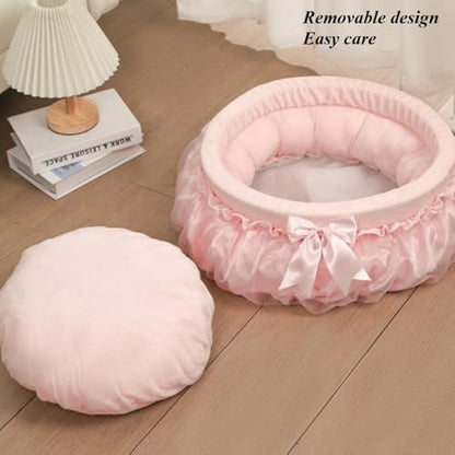 Soft Plush Princess Pet Bed with Bow-Tie & Lace - Round Cushion Sofa for Small Dogs, Kittens & Puppies(Gray,18.9''X4.72''X18.9'') - color: Gray, size: 18.9''X4.72''X18.9''