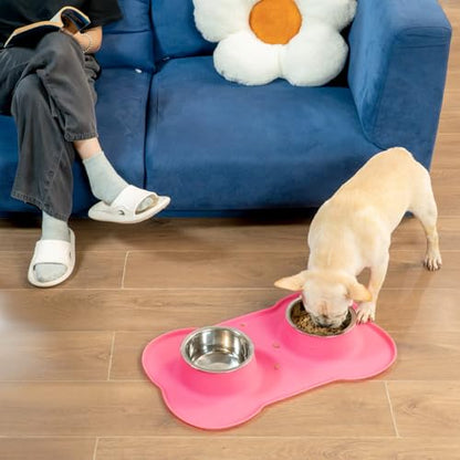 Conlun Medium Pet Feeding Station, 29oz Stainless Steel Dog Bowls Set, No Spill Food & Water Dishes with Non Slip Silicone Mat for Breeds Up to 55 Lbs, Pink - color: Pink, size: Medium-29oz