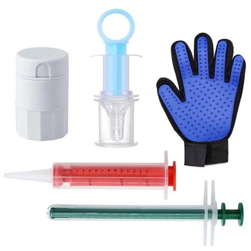 Pill Shooter for Cats Dogs, 5-in-1 Pet Medication Kit with Pill Popper Gun, Liquid Syringe, Anti-Choke Dispenser, Pill Cutter Grinder & Pet Grooming Deshedding Brush Glove | Reusable Safe