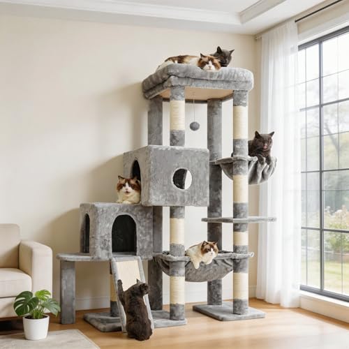 Hey-brother Cat Tree Tower, Scratching Posts with Big Platform, 2 Condos, Spacious Hammock, Cozy Basket, Sisal Board for Indoor Large Adults, 50 Inches Progressive Climbing House, Light Gray MPJ071W - color: Light Gray, size: 50 inches