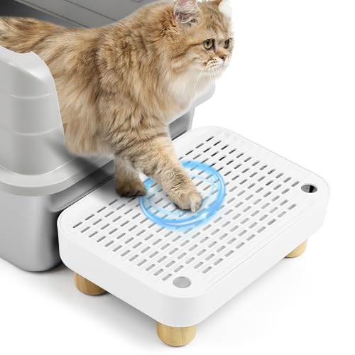 Cat Litter Box Step Ramp, Cat Litter Catcher Mat with Wooden Feet, Filter Function, Pedal Stool for Self-Cleaning Litter Box, Ideal for Kitten & Elderly Cats (White) - color: White with Base