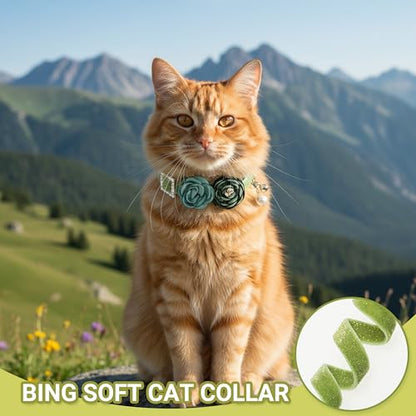Cat Collars with Bell - 2 Pack Breakaway Floral Cute Cat Collars for Girl Boy Cats, Kitten, Puppy - Adjustable (7.5"-12.5") Soft Velvet Cat Collar Accessories - color: pink+green