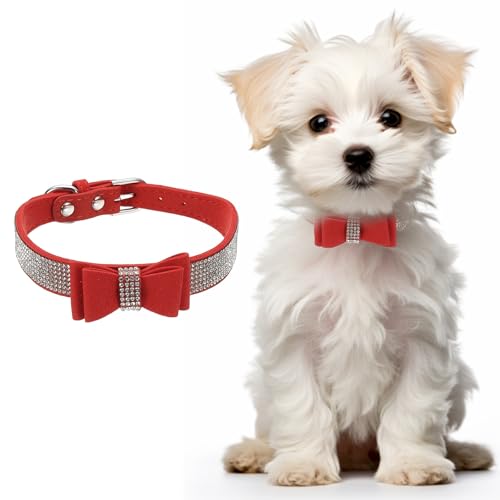 Cute Dog Collar with Bling Rhinestone, Bling Dog Collar Adjustable Leather Diamond Sparkling Jewel Accessories 17", (Red), Intended for Teacup/Cat/Small Medium Large Pet - color: Red, size: 17 Inch