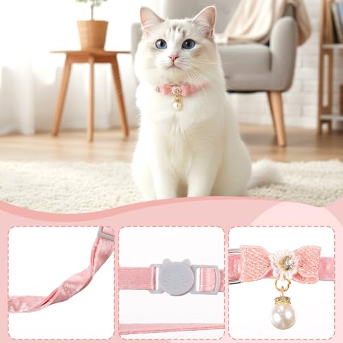 Cat Collar Breakaway, Adjustable Pink Cat Collar with Pearl Pendant, Cute Cat Collars with Safety Buckle Pink Bowtie Kitten Collars for Girl Cats