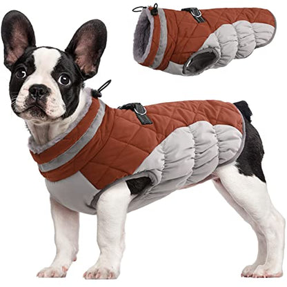 FUAMEY Dog Coat for Small Dogs,Waterproof Dog Winter Jacket with Harness Built in Puppy Cold Weather Coats Reflective Pet Vest with Zipper Warm Fleece Dogs Snowsuit Windproof Brown XS - color: Brown, size: XS(chest:14in)