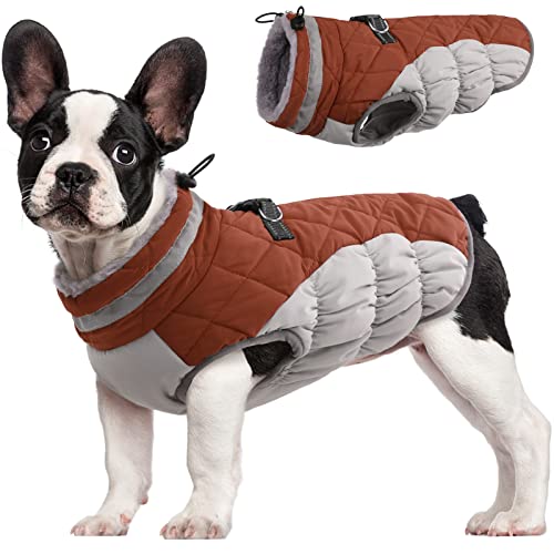FUAMEY Dog Coat for Small Dogs,Waterproof Dog Winter Jacket with Harness Built in Puppy Cold Weather Coats Reflective Pet Vest with Zipper Warm Fleece Dogs Snowsuit Windproof Brown XS - color: Brown, size: XS(chest:14in)