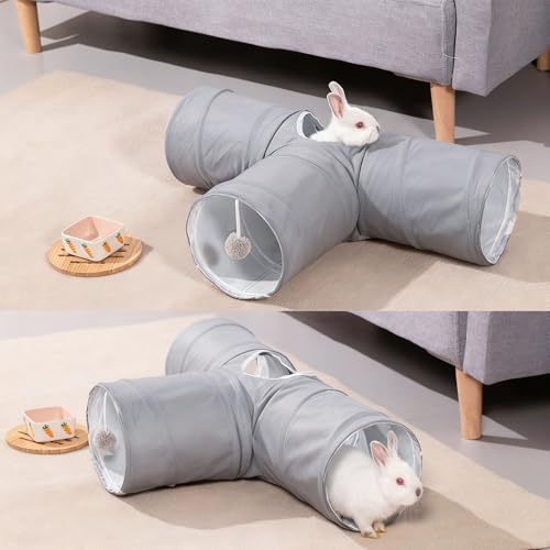 Guinea Pig Tunnel 3 Way Guinea Pigs Hideout Foldable Small Animal Hideaway Play Tube Toys for Bunny Rabbit Hedgehogs Hamster Chinchilla Ferret Accessories(Solid Grey)