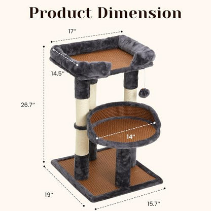 Fansafurn Multi-Level Cat Tree for Indoor Cats, Modern Cat Tower with Double Beds & Scratching Posts, 27 in Cute Cat Tree for Large Cats and Kitten, Small Cat Climbing Tower with Hanging Toys, Grey - color: Grey