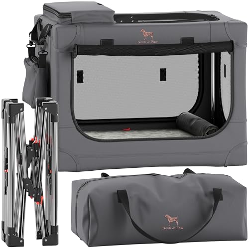 Noah & Paw Collapsible Dog Crate 26 Inch, Small Dog Crate for Small Medium Breeds, Travel Kennel for Car, Including Pet Mat for Pet Cage, 2 Storage Pockets, Handbag, 10mm Locking Zipper 26 * 17 * 17 - color: Grey, size: M