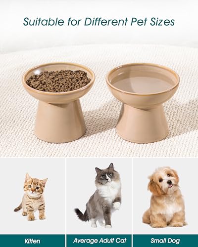 vancasso Ceramic Elevated Cat Bowls 2-Pack - 6.2" Extra Wide Raised Cat Food & Water Dishes, 5.1" Optimal Height Anti-Whisker Fatigue Shallow Bowls for Cats/Kittens/Dogs, Lead & Cadmium Free (Brown) - color: Brown