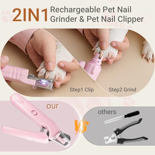 2 in 1 Cat & Dog Nail Clippers Grinder with Lights, Quick Sensor Safety Guard & Ultra-Quiet USB Rechargeable Cat & Dog Nail Trimmers, Dog Nail Grinder with 2 Bells for Women(Pink)
