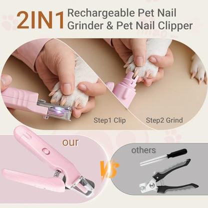 2 in 1 Cat & Dog Nail Clippers Grinder with Lights, Quick Sensor Safety Guard & Ultra-Quiet USB Rechargeable Cat & Dog Nail Trimmers, Dog Nail Grinder with 2 Bells for Women(Pink)