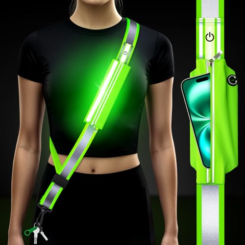 LED Reflective Sash Gear for Walking at Night,Reflective Belt Safety Lights,Lights for Night Dog Walking,High Visibility Type-C Rechargeable Light Up Running Gear for Runners Walkers Men Women - color: Green