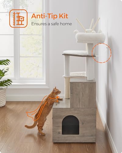Feandrea Cat Tree with Litter Box Enclosure, 59-Inch Modern Cat Tower, 2-in-1 Condo with Scratching Posts, Washable Removable Cushion, Greige UPCT113G01 - color: Greige