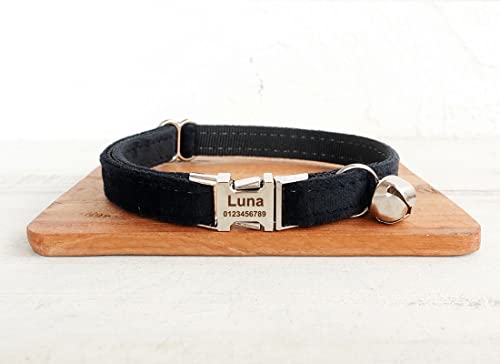 Cat Collar Personalized with Name Phone Number Engraved,Customized with Bell for Small Dogs Puppy Kitten - color: Black, size: L (8"-13")