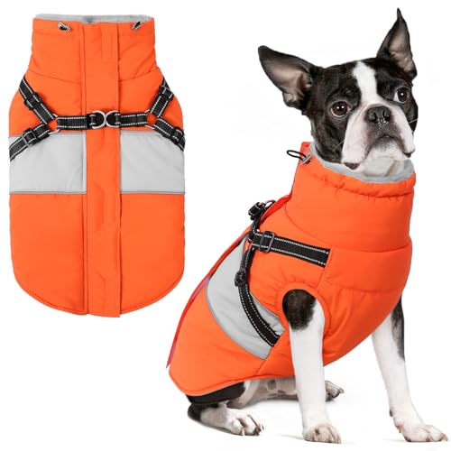 Dog Winter Coat, Waterproof Dog Coat Jacket with Harness for Medium Dogs Boys Girls, Reflective Fleece Lined Pet Snow Jacket Sweaters for Pug, Jack Russel, Boston Terrier, Orange M - color: Orange, size: Medium