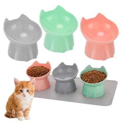 3 Pcs Elevated Cat Bowls 15°Raised Cat Food Bowl with Silicone Mat Whisker Friendly Anti Vomiting Cats Dishes Pet Food and Water Bowls for Indoor Cats Kittens, Pink, Green, Gray - color: Pink, Green, Gray