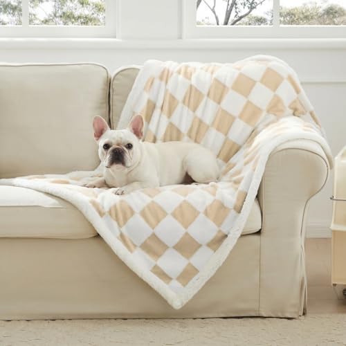 Ohocut Checkered Dog Blanket, Beige Khaki Jacquard Sherpa Blankets for Small Dog and Cats, Cute Aesthetic Style Fluffy Fleece Pets Blanket for Couch Protection Washable, 25"x35" - color: Beige, size: 25"x35"