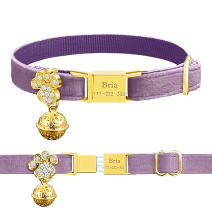 Personalized Breakaway Cat Collars - Magnetic Buckle, Bell - Safety Quick Release, Customized for Girls & Boys Cats- (Velvet-Deep Purple) - color: Velvet-Deep Purple