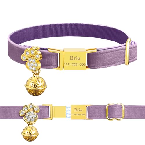 Personalized Breakaway Cat Collars - Magnetic Buckle, Bell - Safety Quick Release, Customized for Girls & Boys Cats- (Velvet-Deep Purple) - color: Velvet-Deep Purple