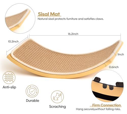 Wood Cat Wall Shelves with Sisal Cats Window Perch, Wall Mounted 4-Piece Cat Climbing Set with Curved Bed, Flat Perch and Sisal-Covered Steps - color: Sisal-Wood, size: 1 Curved Bed 1 Shelf 2 Steps