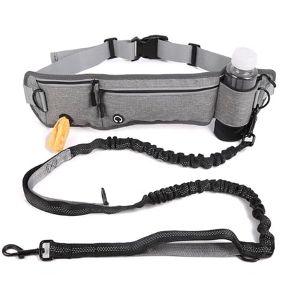 Lightweight Hands Free Dog Walking Waist Belt Leash with Storage Pouch, Featuring Dual Handles and Heavy-Duty Durable Bungee—Perfect for Outdoor Hiking and Running (Gray) - color: Gray