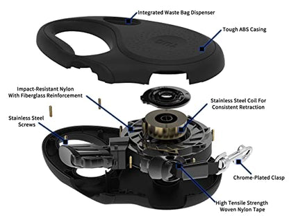 TUG Oval 360° Tangle-Free Retractable Dog Leash with Integrated Waste Bag Dispenser (Small, Black) - color: Black, size: Small