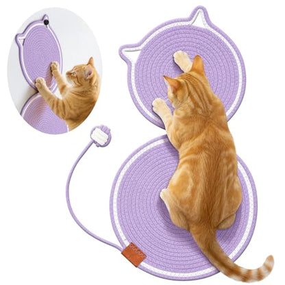 Shinylin 25.6 Inch Large Scratching Mat for Indoor Cats Natural Cotton Rope Flat Scratcher with Ear Hooks and Ball Toy Cat Scratch Rug Pad for Wall, Couch, Carpets, Sofas (Purple) - color: Purple