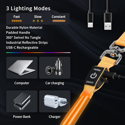 Night Walking LED Dog Leash - 6FT Reflective & Waterproof Light Up Safety Leashes for Dogs - USB Rechargeable, Orange - color: Orange(Fiber optic version)