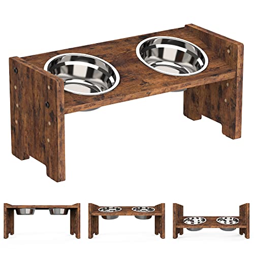 Vantic Elevated Dog Bowls, Adjustable Raised Dog Bowl Stand for Small Puppy and Cats, Sturdy Pet Food Feeder with 2 Stainless Steel Dishes, Rustic Brown - color: Rustic Brown, size: for Small Dogs and Cats