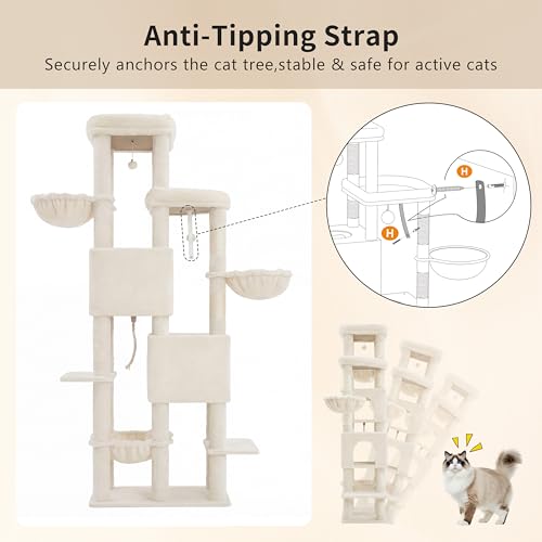 Heybly Cat Tree, 74.8-Inch Spacious & Tall Cat Tower for Large Cats, Cat Furniture with Large Top Perch, Solid Base, 2 Cat Condos, Hanging Hammock, Durable Sisal Scratching Posts, Beige HCT062M - color: Beige